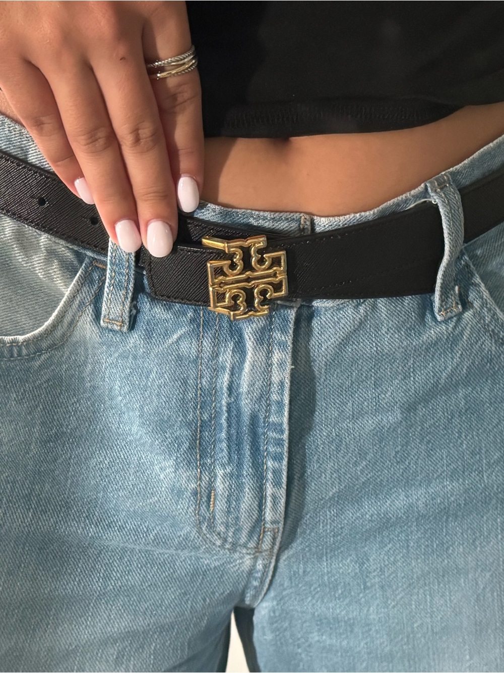REVERSIBLE Tory Burch Black Leather Belt with Gold Logo Buckle